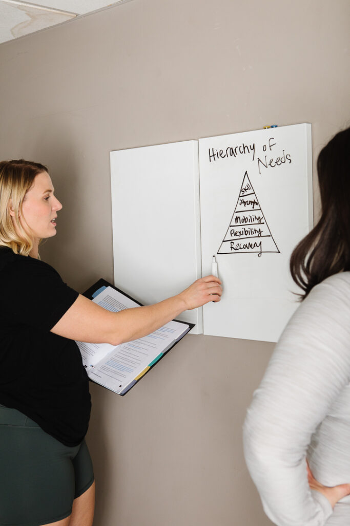 Health and fitness coach instructing client with a diagram on a whiteboard